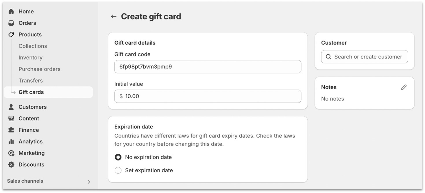 Shopify "Create a gift card" panel