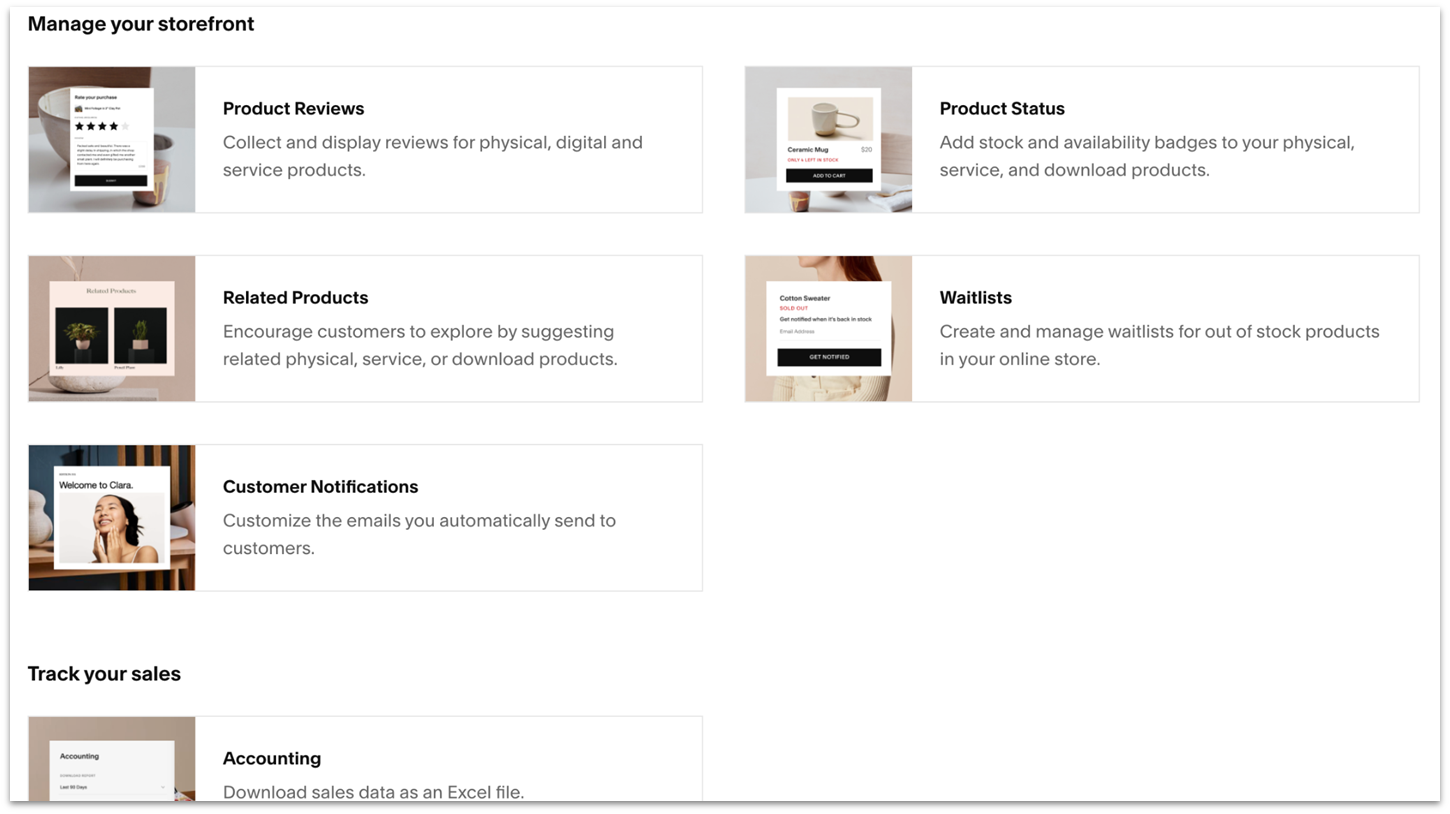 Examples of Squarespace's e-commerce features