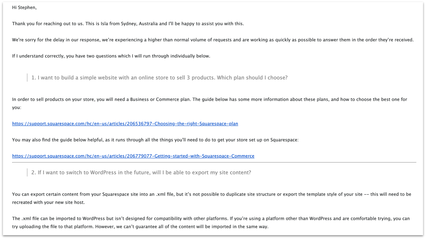 Squarespace customer support response