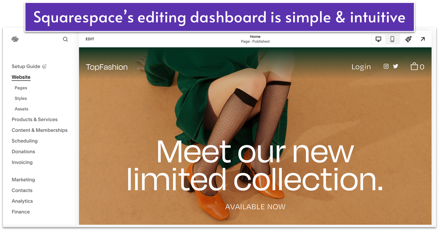 Squarespace editing panel