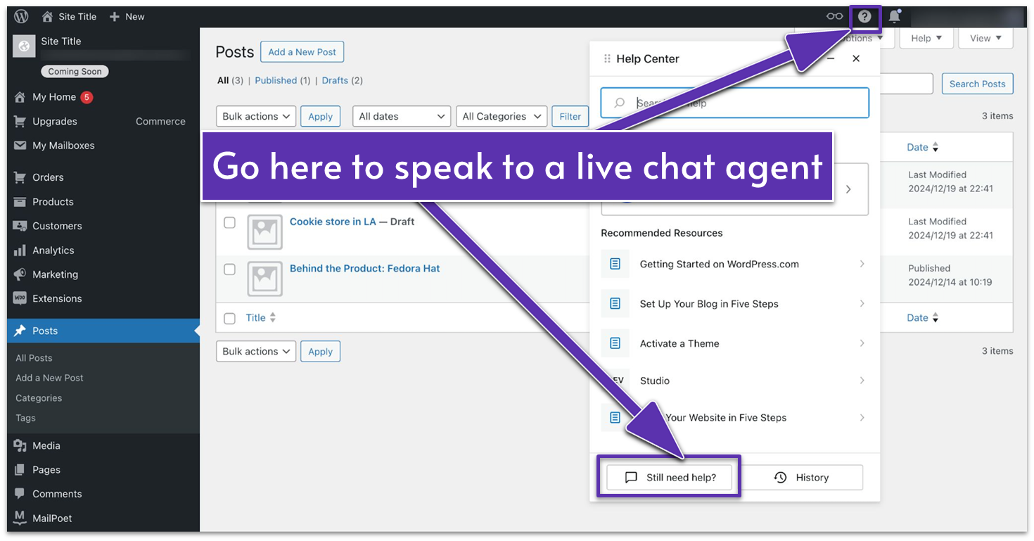 WordPress.com Live chat support