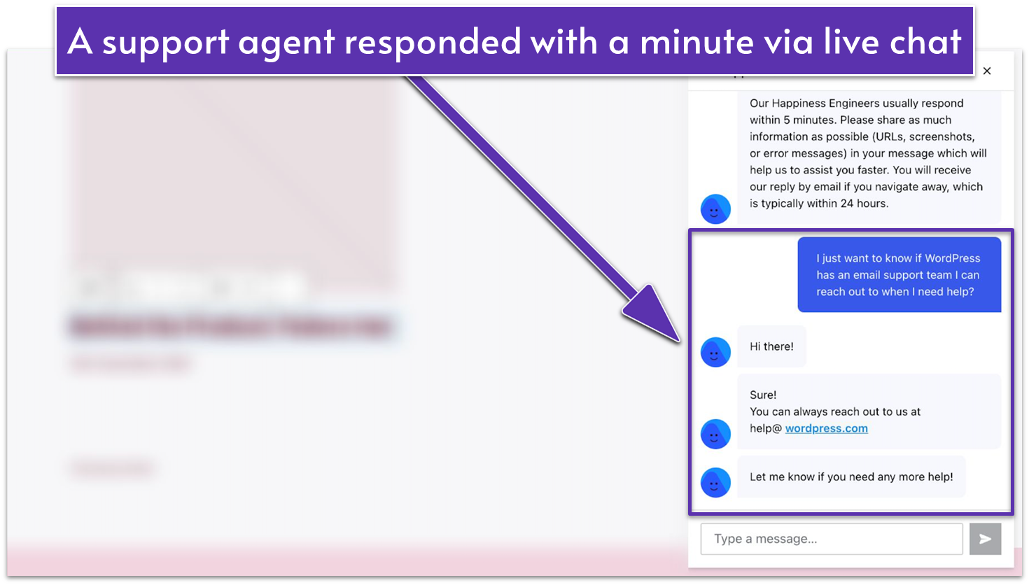 WordPress.com Support agent response via live chat