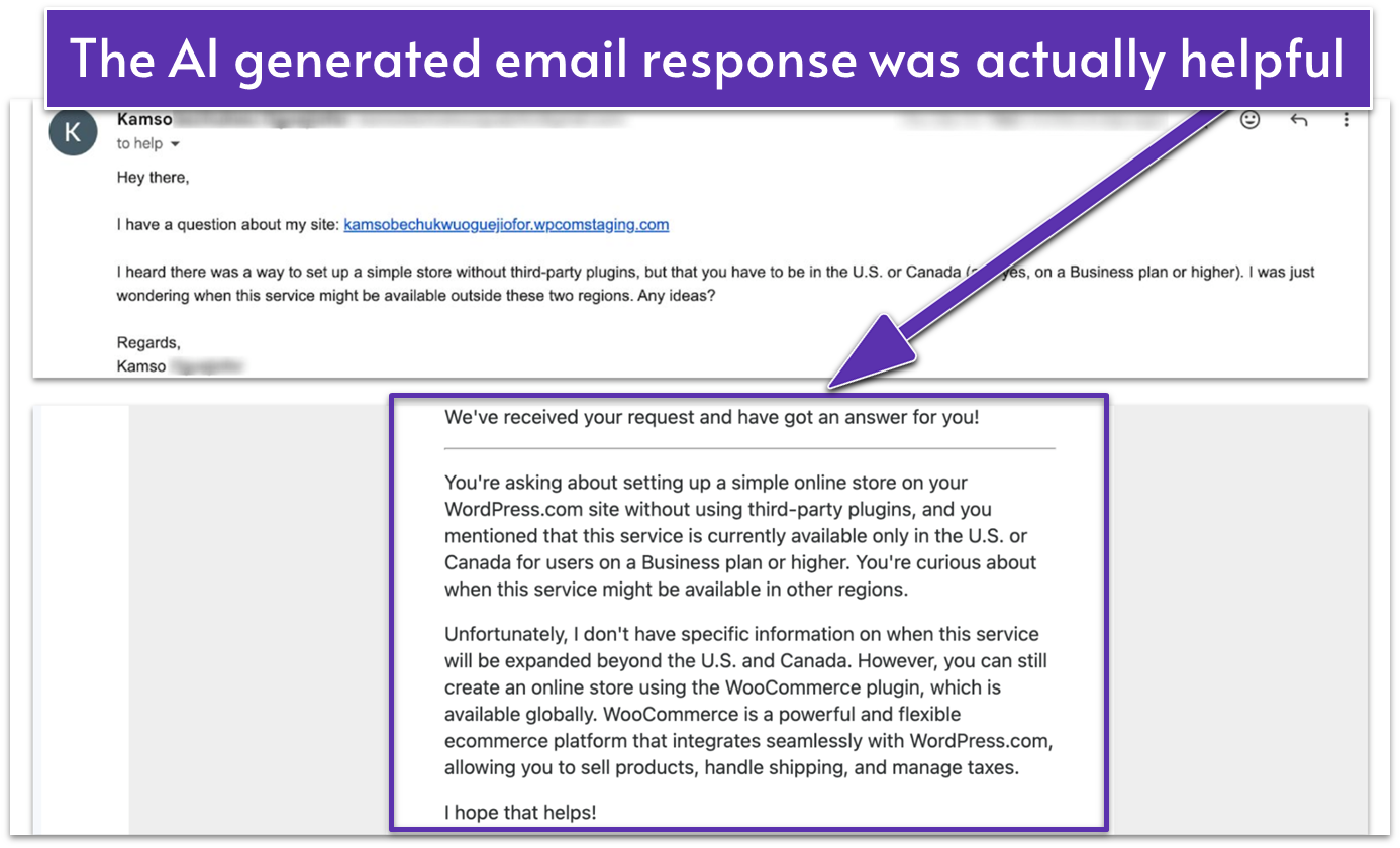 WordPress.com AI-generated email support response