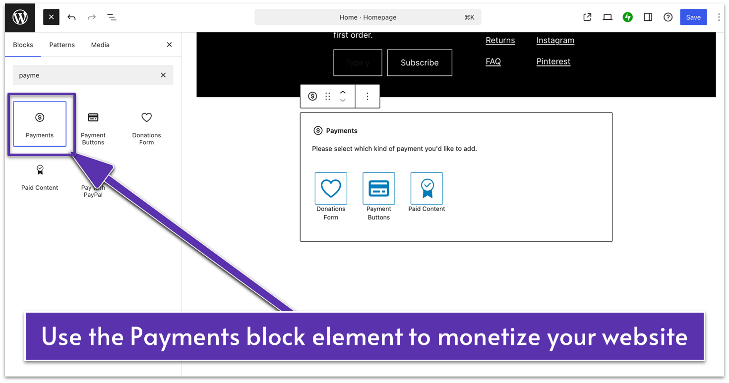 WordPress.com's Payments block element