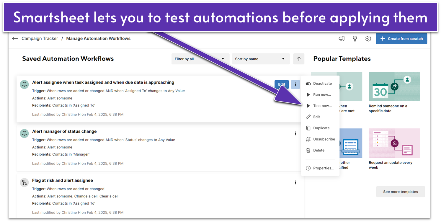 Smartsheet automation settings