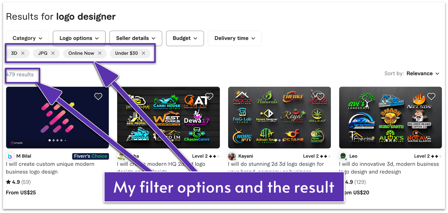 Fiverr's filters for finding sellers