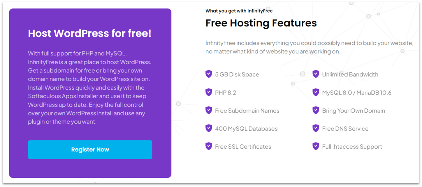 InfinityFree free PHP hosting features