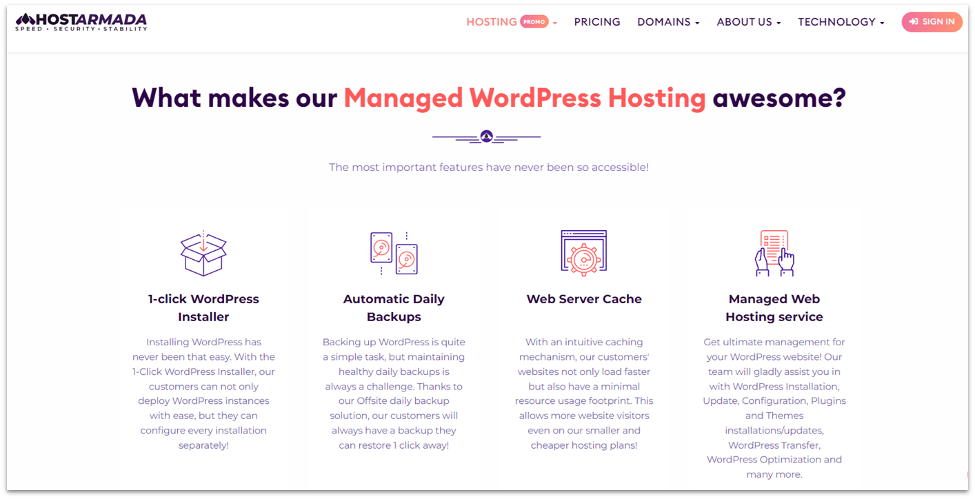 HostArmada WordPress hosting features