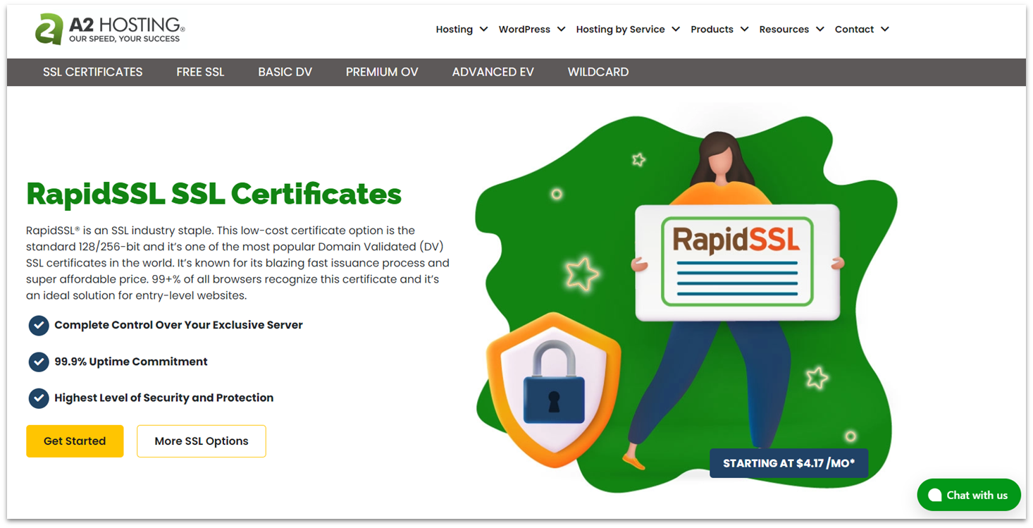 A2 Hosting SSL certificate options including free and paid