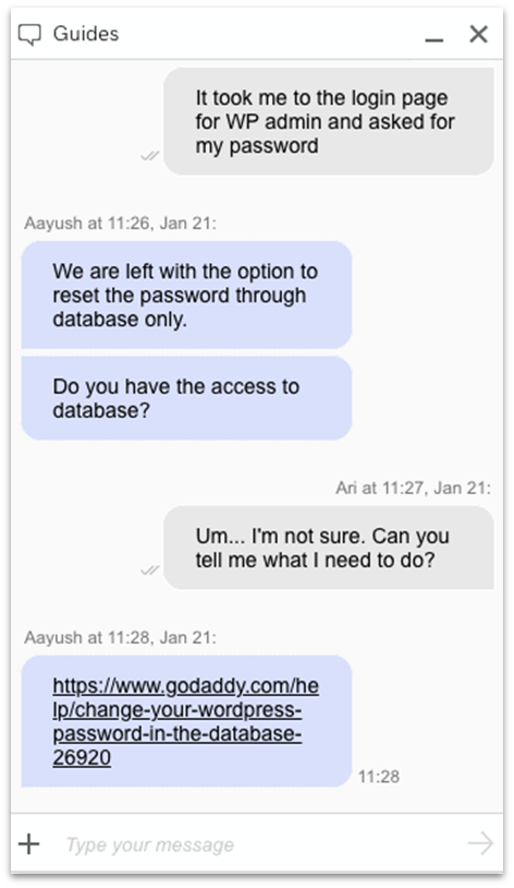 Website Planet's chat interaction with GoDaddy support