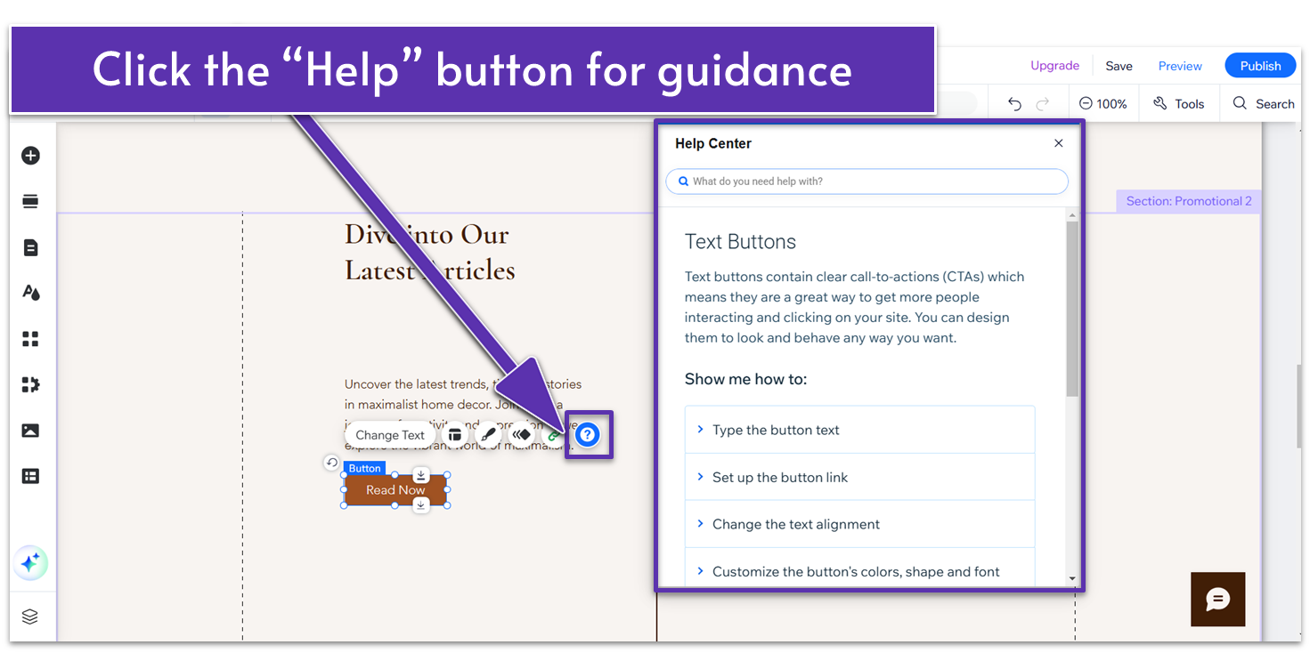 Wix editor's help button