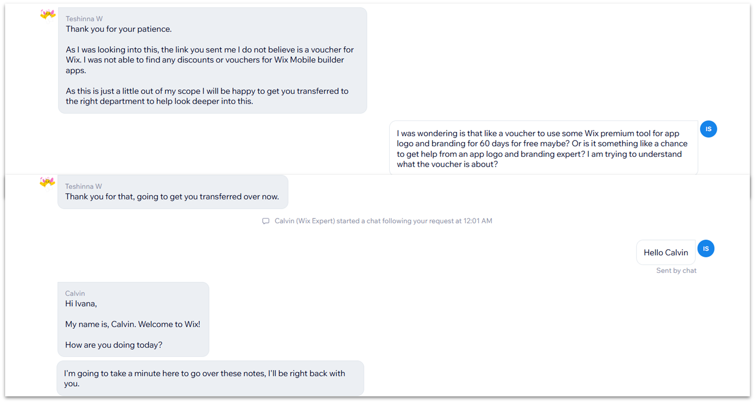 Wix live chat transferred between two support agents