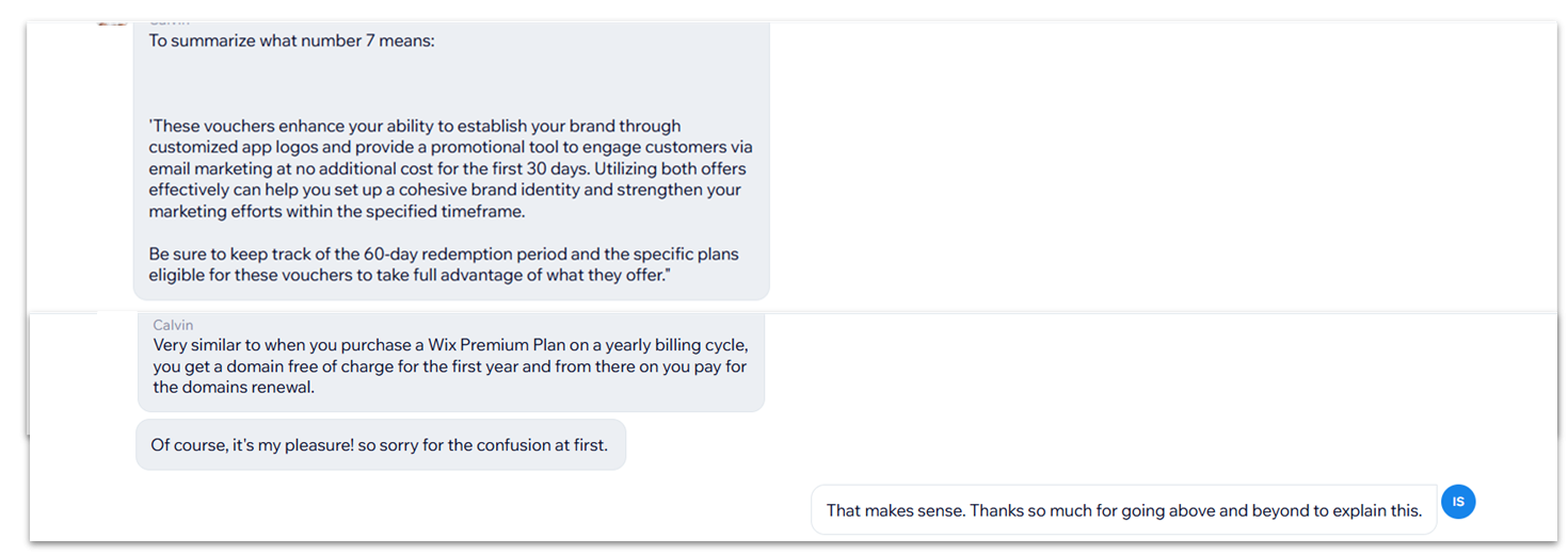 Wix live chat support agent explains app vouchers