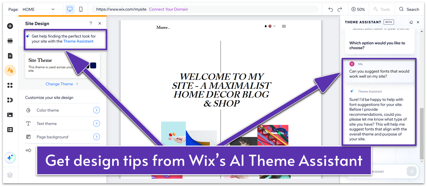 Designing a website using Wix AI Theme Assistant