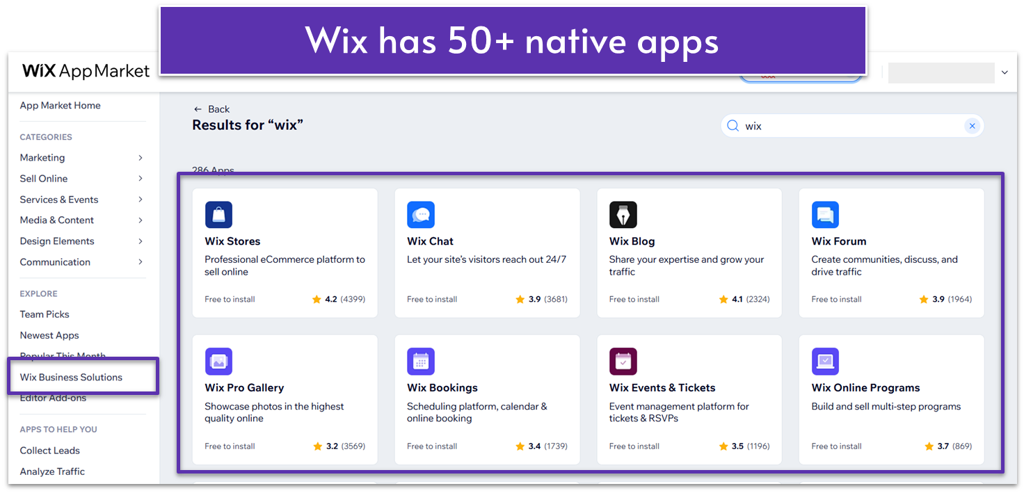 A list of Wix apps in Wix App Market