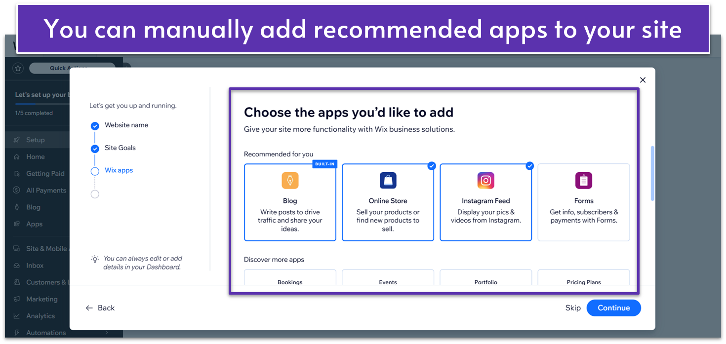 Wix's recommended apps during setup