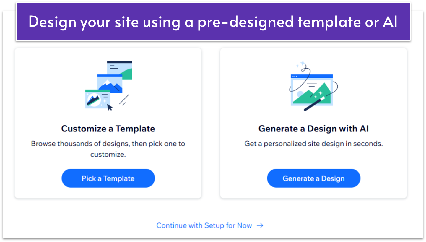 Wix's template setup menu with options to customize a template or generate a design with AI