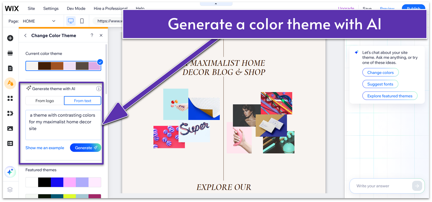 Wix's color theme panel