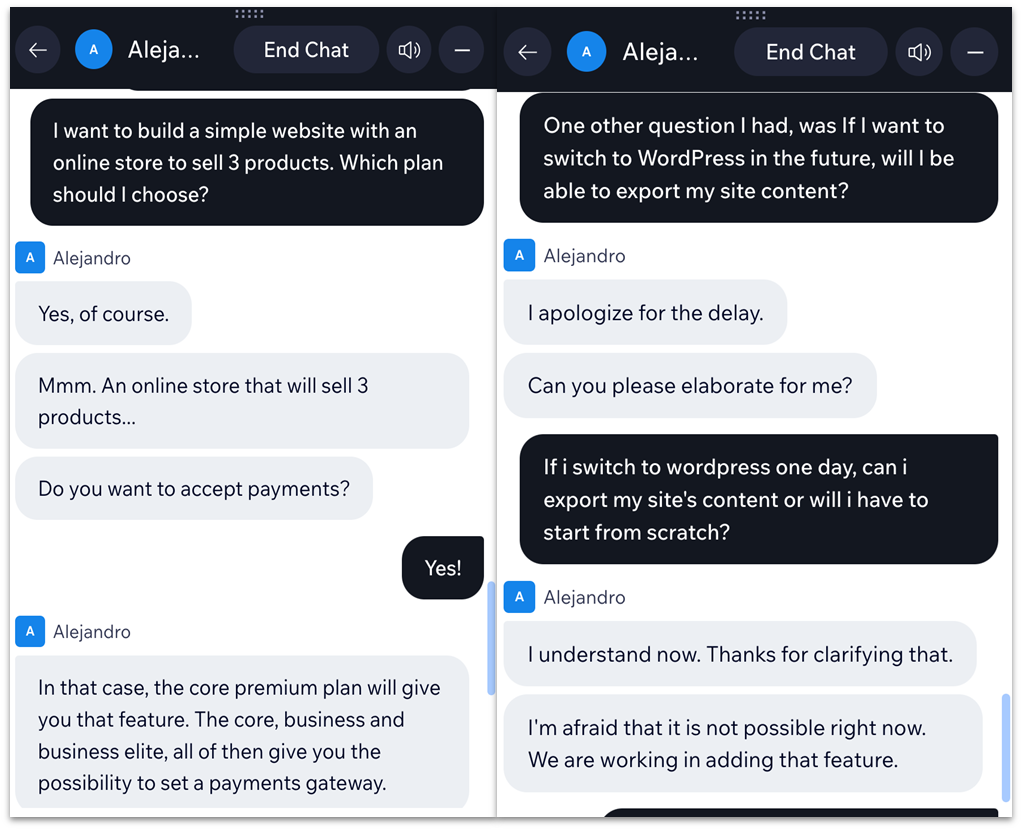 Wix customer support conversation