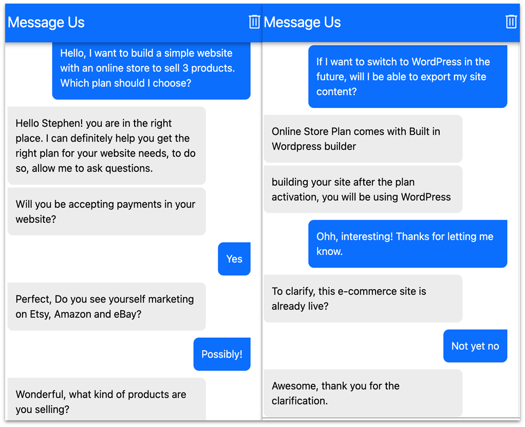 Bluehost customer support conversation