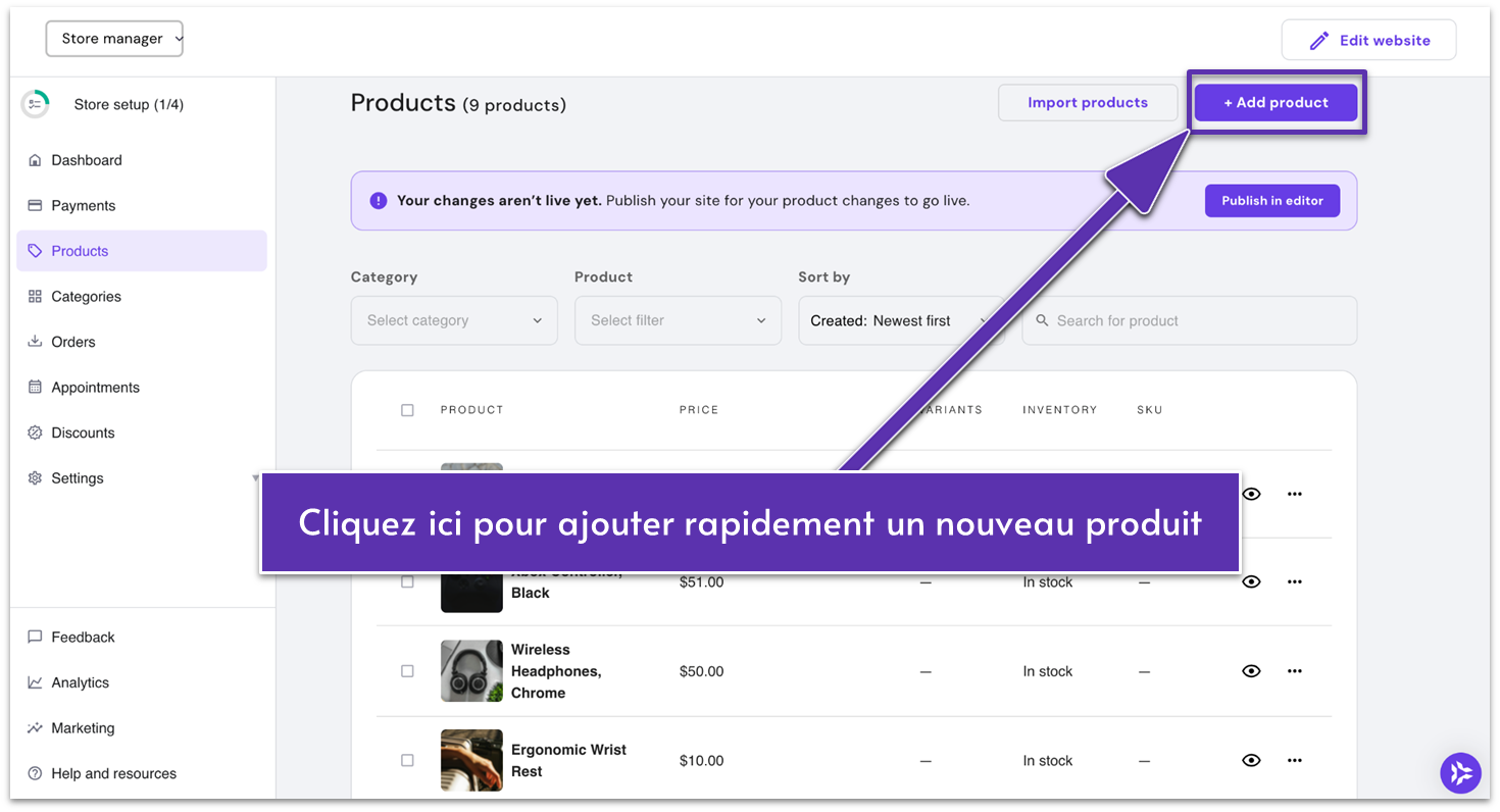 Page produit du créateur de site Hostinger