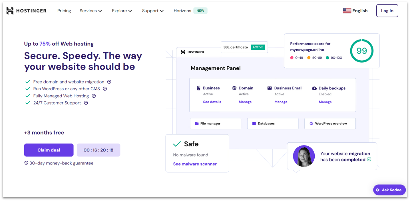 Hostinger web hosting features for WordPress