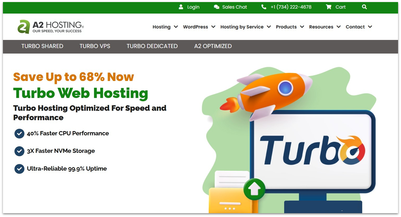 A2 Hosting Turbo hosting landing page