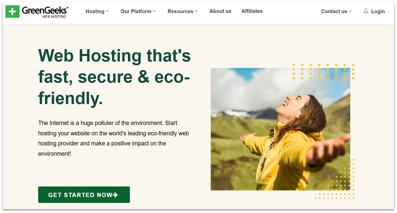 GreenGeeks landing page with message about eco-friendly initiatives