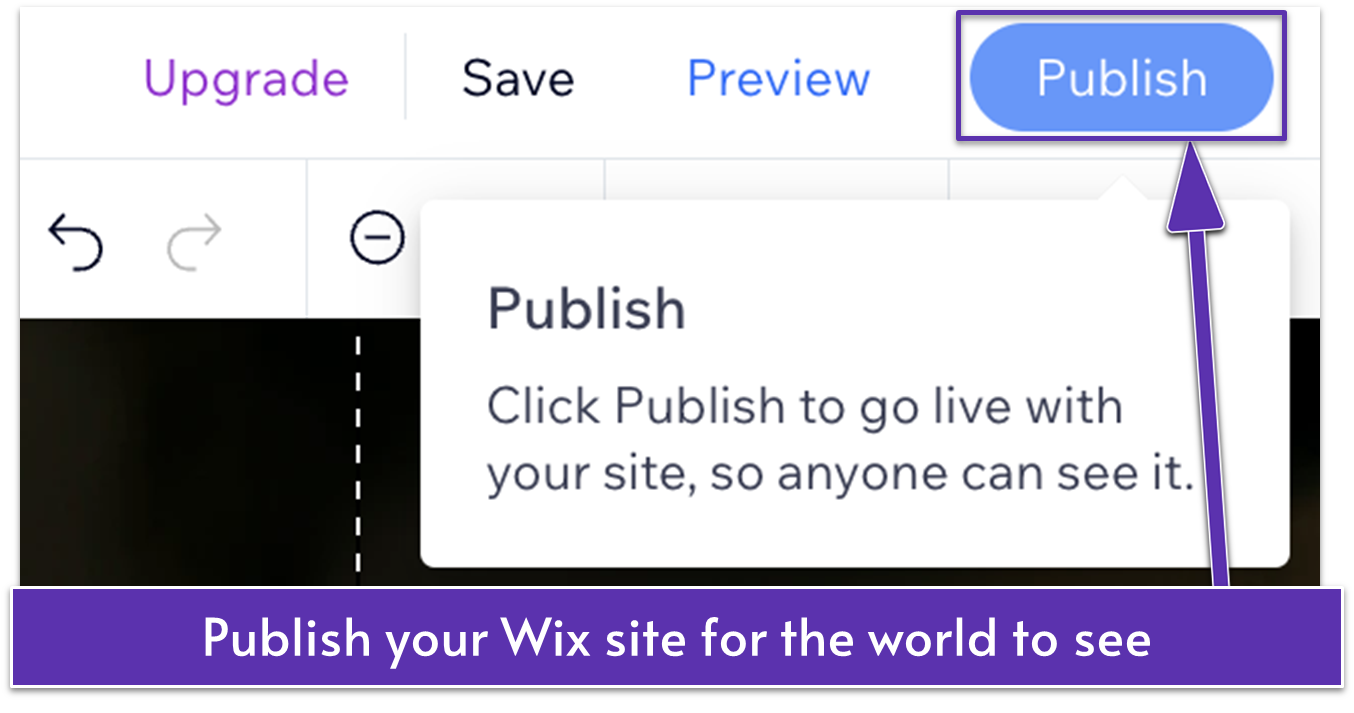 Upper right corner in the Wix Editor, arrow pointing to "Publish" button