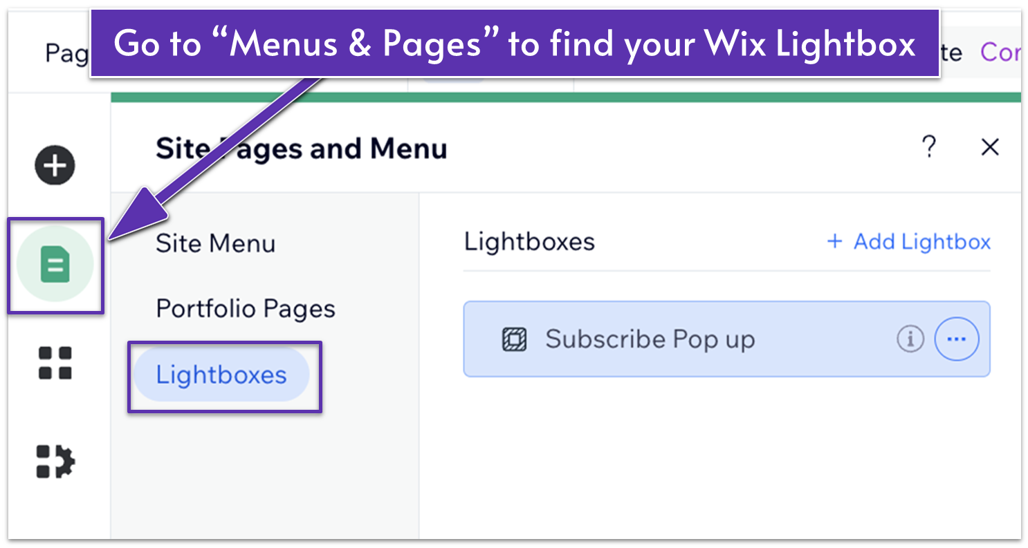 Wix Editor, highlighting "Pages & Menu" document icon, "Lightboxes" option, and a sample Lightbox selected