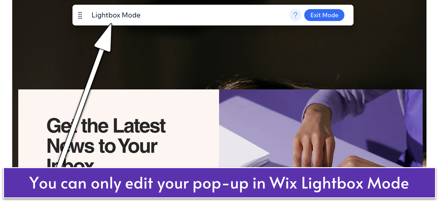 Wix Editor displaying Lightbox Mode