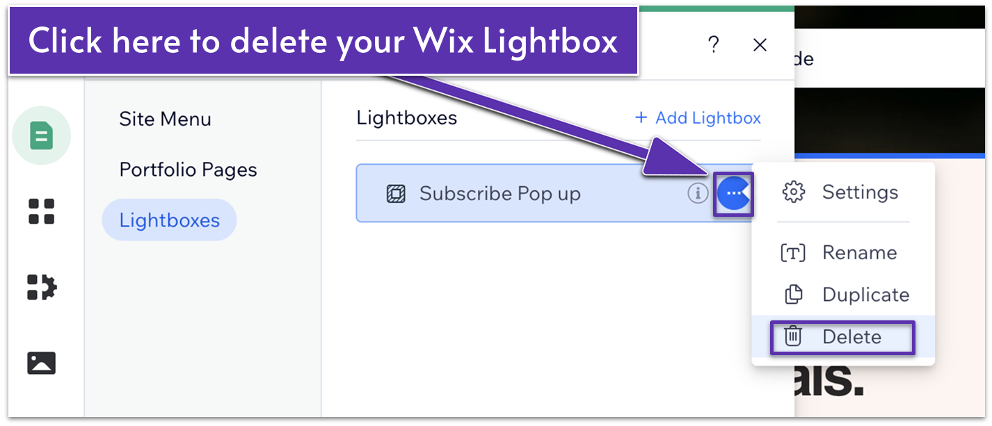 Wix Editor in Site Pages and Menu, showing steps to delete a Lightbox