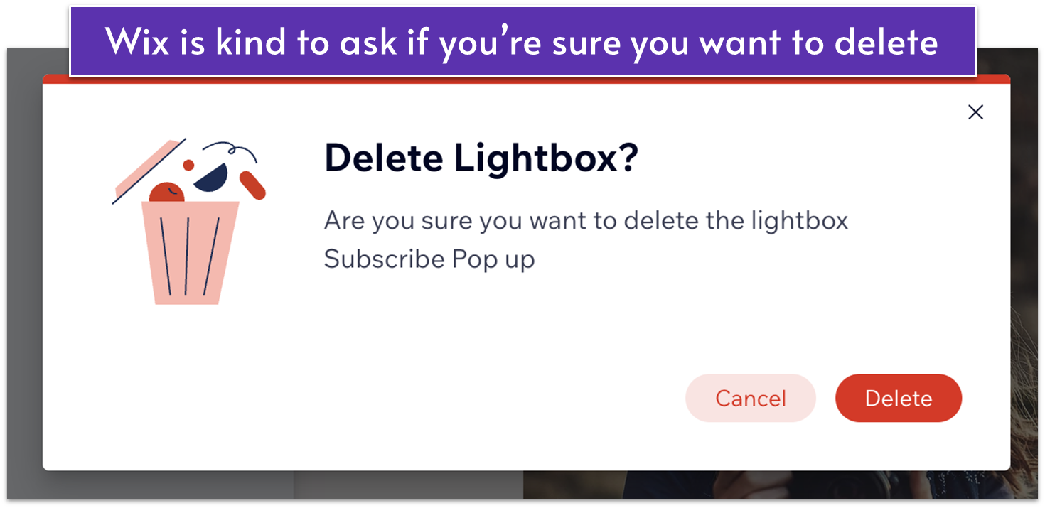 Confirmation page to delete a Wix Lightbox