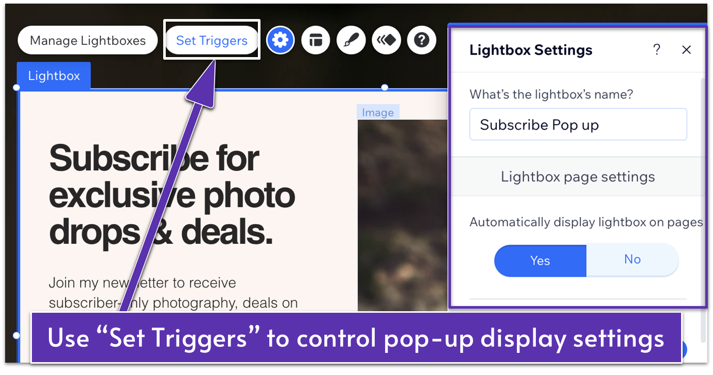 Wix Lightbox Settings menu, pointing to "Set Triggers" button and "yes" option selected for "Automatically display lightbox on pages"