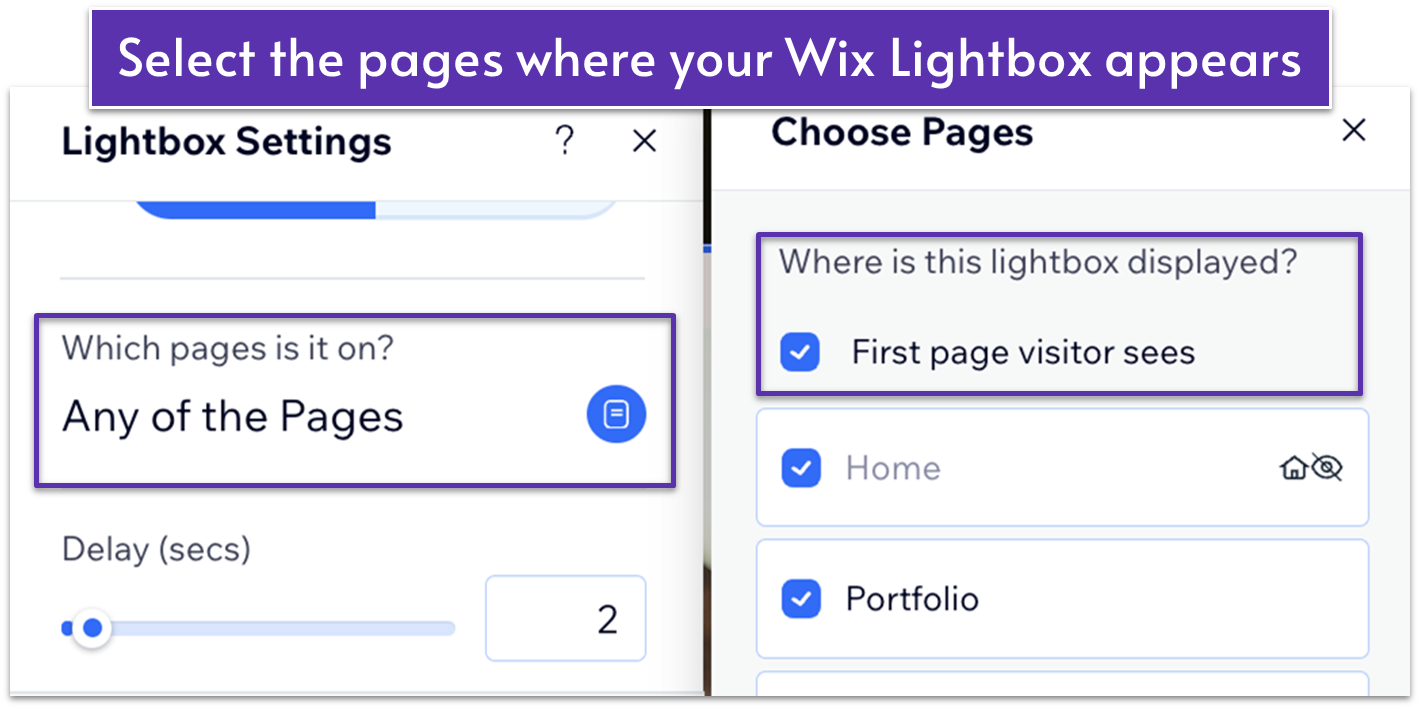 Wix Lightbox Settings and Choose Pages menus