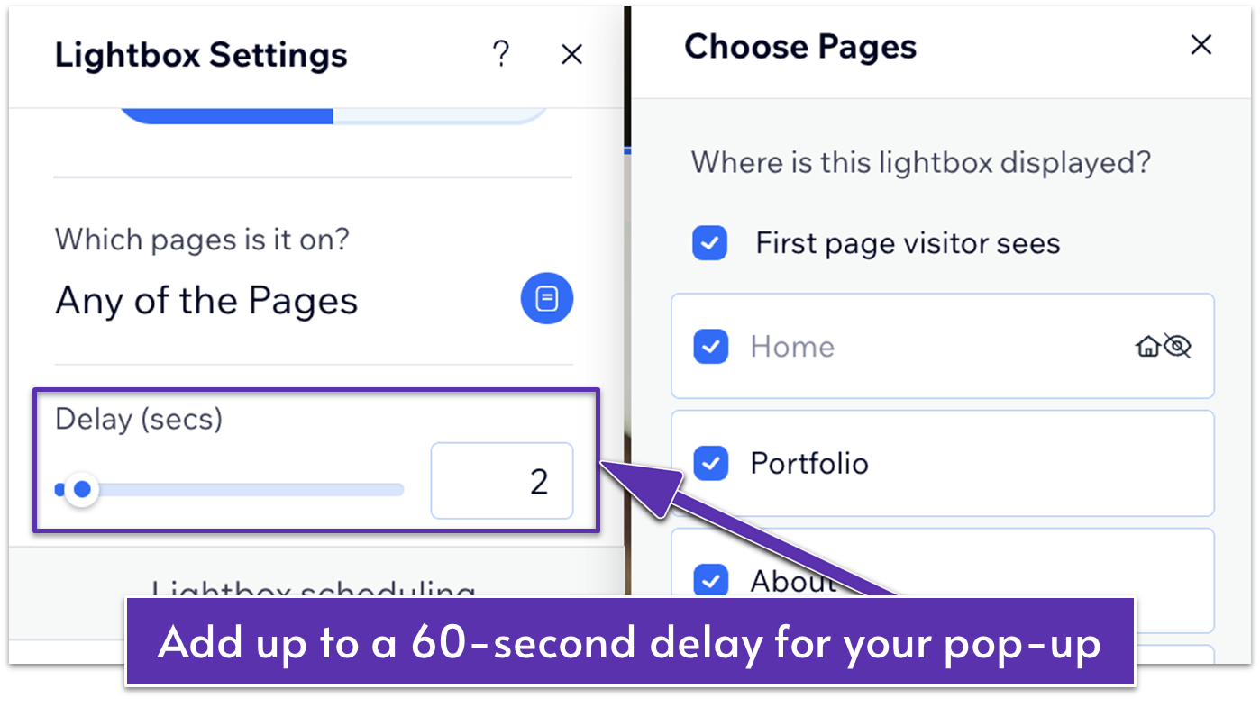 Wix Lightbox Settings and Choose Pages menus
