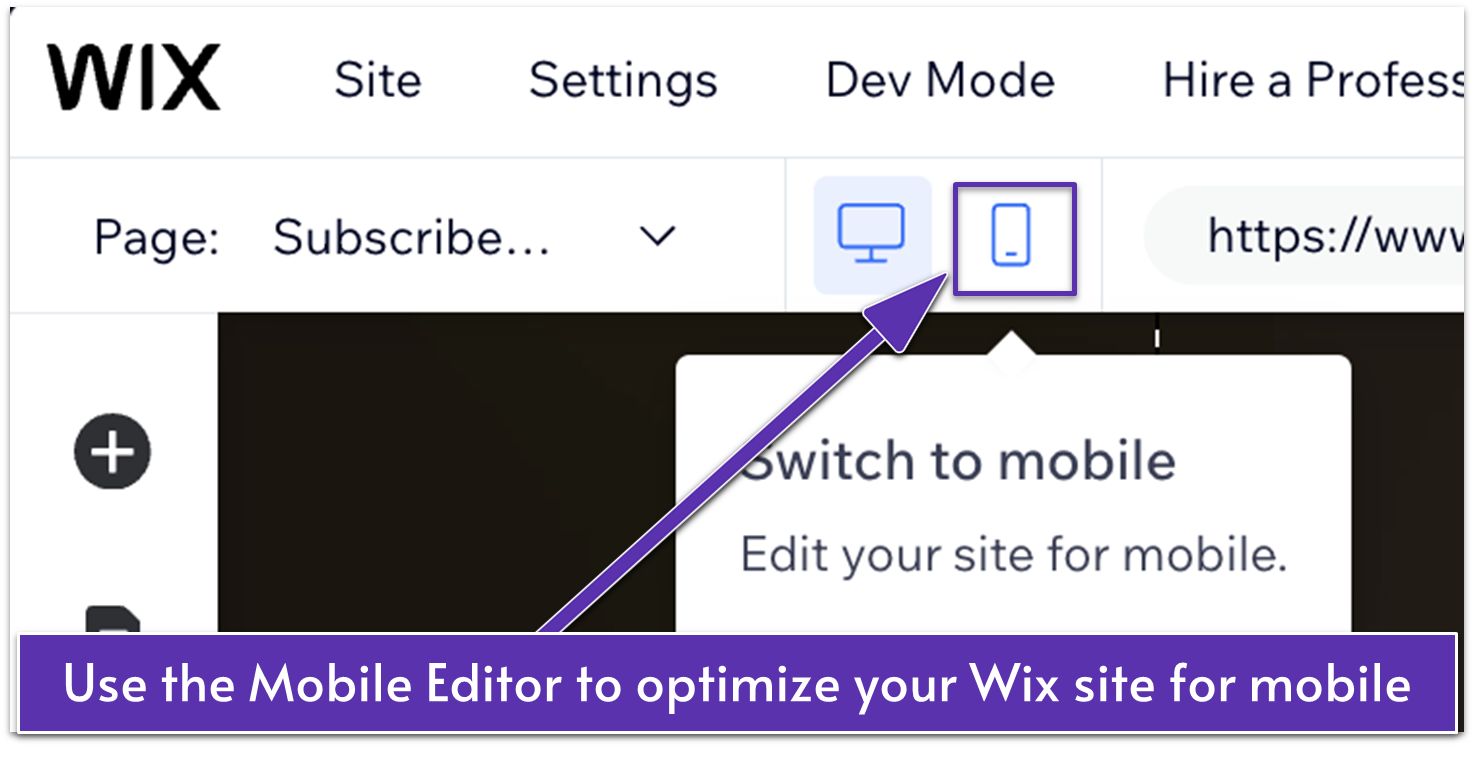 Wix Editor, highlighting mobile phone icon with "Switch to mobile" hover message