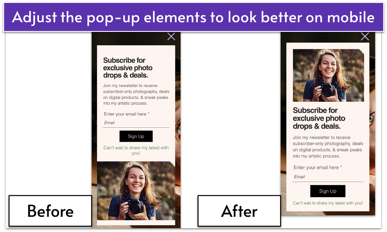 Wix Lightbox examples of before and after design changes on mobile editor