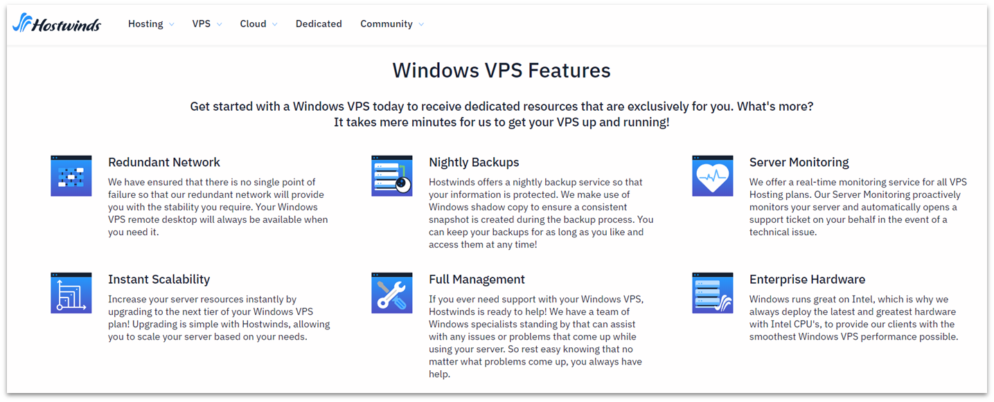 Hostwinds Windows VPS hosting features