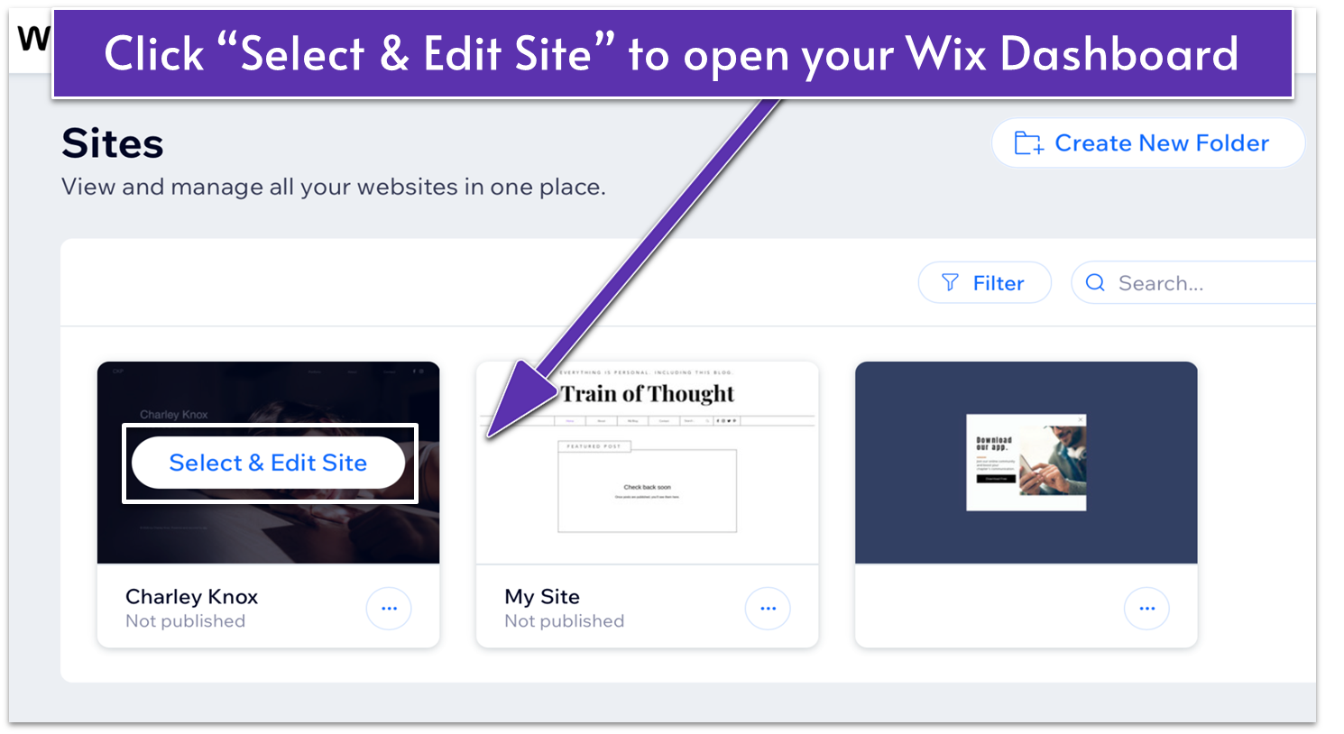 Wix Sites page, pointing to "Select & Edit Site" button