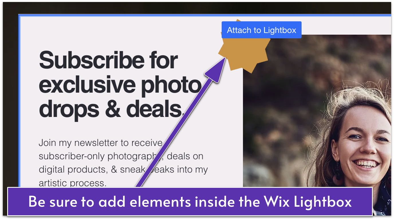 Wix Lightbox with "Attach to Lightbox" hover message over a star-shaped element