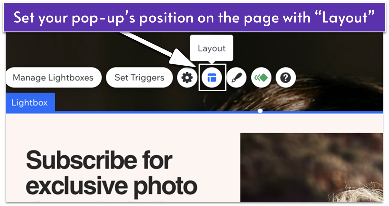 Wix Lightbox selected, highlighting "Layout" icon in pop-up menu
