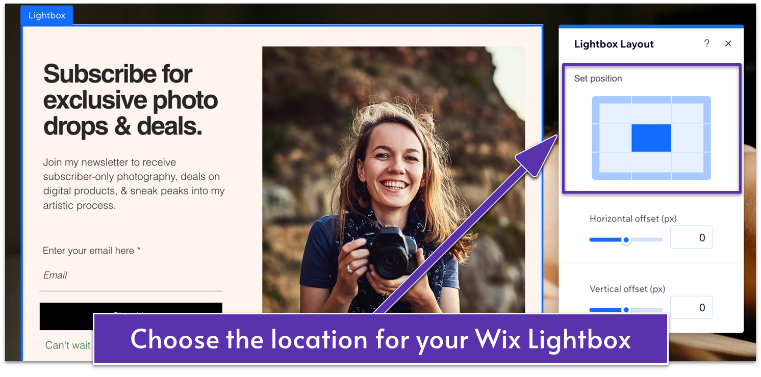Wix Lightbox selected, Lightbox Layout menu, highlighting "Set position" settings