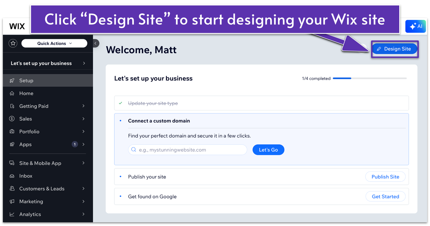 Wix Dashboard, highlighting "Design Site" button