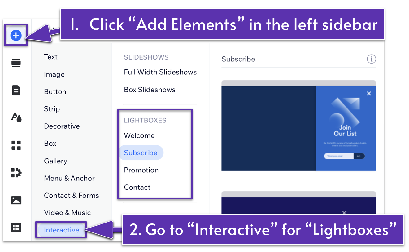 Add Elements page in Wix showing "Interactive" option highlighted and lightbox templates