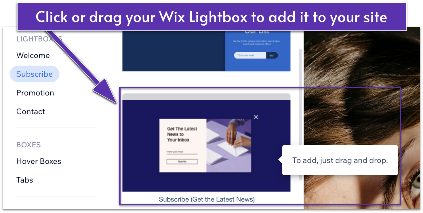 Wix Lightbox templates with "To add, just drag and drop" message displayed