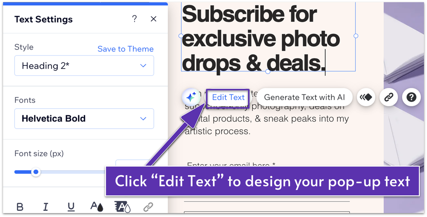 Text Settings menu for a Wix Lightbox, highlights "Edit Text" button on a text box