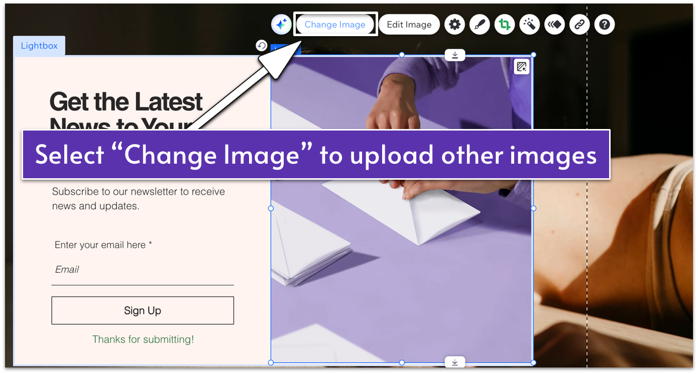 Wix Lightbox with image selected, highlighting "Change Image" button
