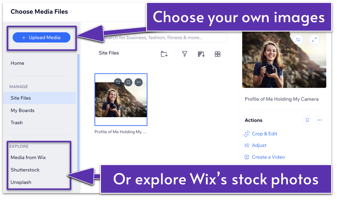 Wix Media Manager, arrow points to "Explore" section with stock image options. Points to "Add to Page" button