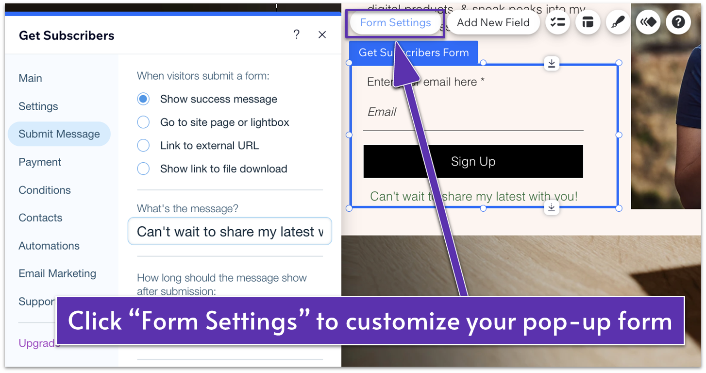 Form Settings pop-up menu for a Wix Lightbox, highlights "Form Settings" button, "Submit Message" and "Show success message" options selected